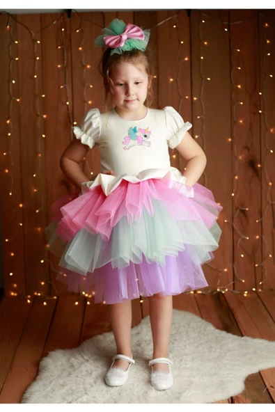 Kız Çocuk Renkli Unicorn Elbise - 2