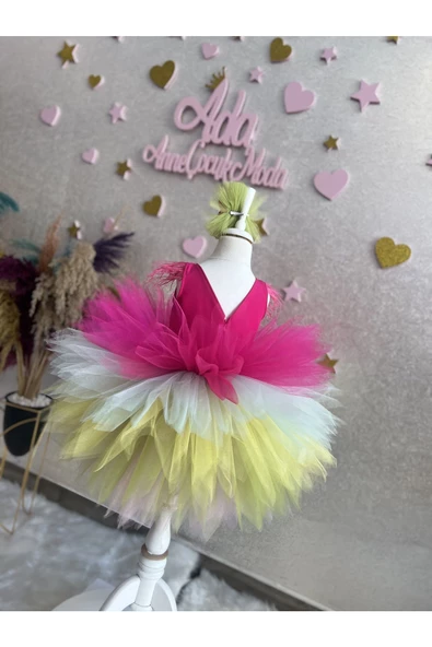 Kız çocuk kat kat tüllü kabarık rainbow abiye elbise - 7