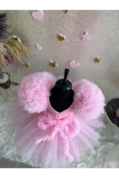 Kız çocuk pembe tüllü çok kabarık kolları balon abiye elbise - 3