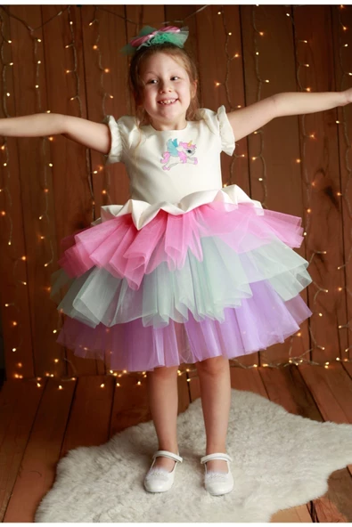 Kız Çocuk Renkli Unicorn Elbise - 3