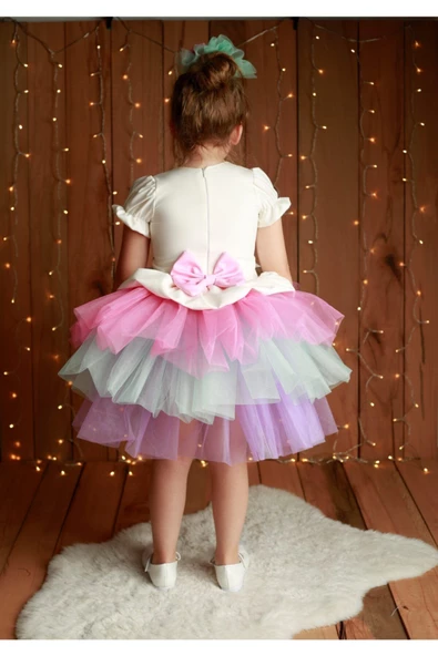 Kız Çocuk Renkli Unicorn Elbise - 5