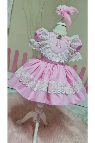Kız Çocuk Tüllü Kabarık Pembe Vintage Elbise - 4