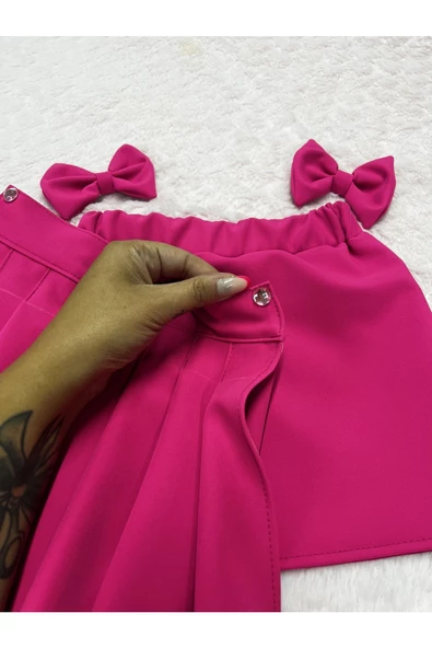 Kız çocuk pembe Pileli çift kullanımlı lastikli etek - 5