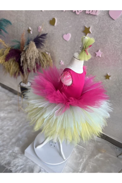 Kız çocuk kat kat tüllü kabarık rainbow abiye elbise - 5