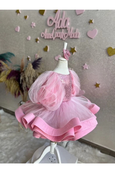 Kız çocuk pembe payetli çok kabarık grenli balon kol abiye elbise - 4