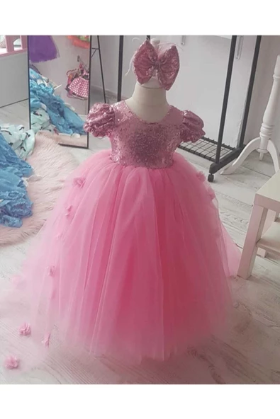 Kız Çocuk Pembe Payetli Abiye Elbise - 4