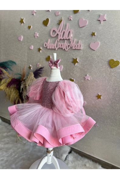 Kız çocuk pembe payetli çok kabarık grenli balon kol abiye elbise - 6