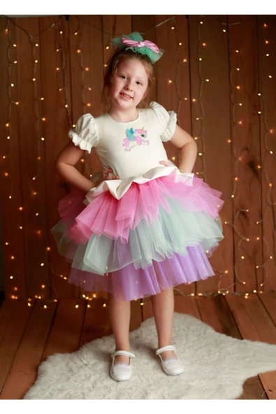 Kız Çocuk Renkli Unicorn Elbise