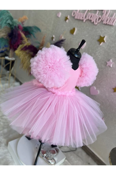 Kız çocuk pembe tüllü çok kabarık kolları balon abiye elbise - 6