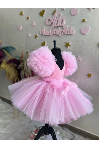 Kız çocuk pembe tüllü çok kabarık kolları balon abiye elbise - 2