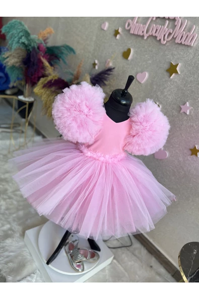 Kız çocuk pembe tüllü çok kabarık kolları balon abiye elbise - 7