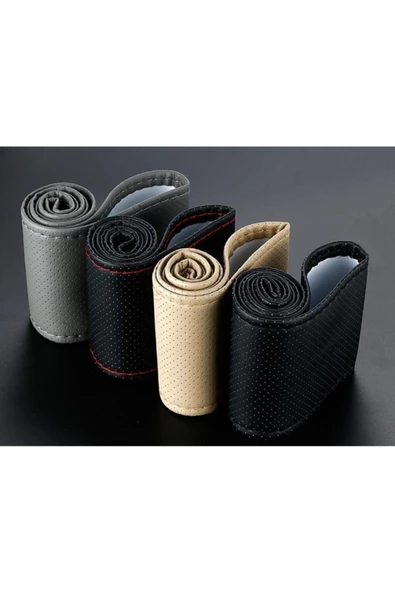 Teknotik Dacia Logan Uygun Deri Direksiyon Kılıfı Sarmalı Dikmeli Siyah Dikişli Kokusuz - Resim 5