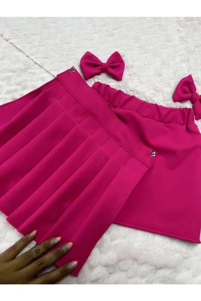 Kız çocuk pembe Pileli çift kullanımlı lastikli etek - 4