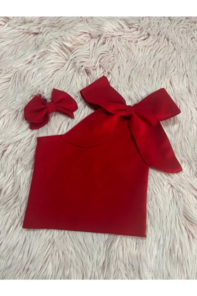 Kız Çocuk Tek Omuz Fiyonk Detaylı Kırmızı Yazlık Crop Bluz Ve Tokası - 3