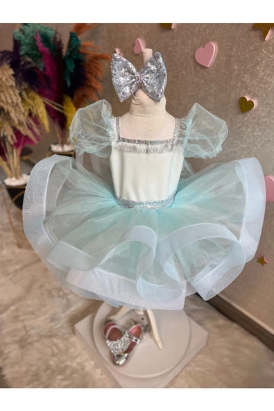 Kız Çocuk Grenli Kabarık Mavi Tüllü Gümüş Detaylı Abiye - 6