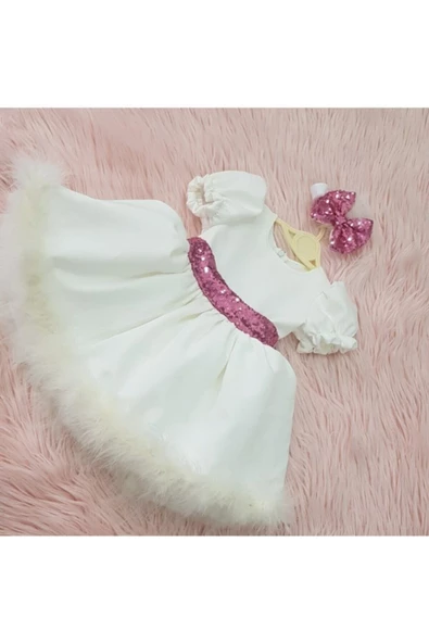 Beyaz, Etek Ucu Tüylü, Payet Detaylı Kız Çocuk Abiye Elbise - 2