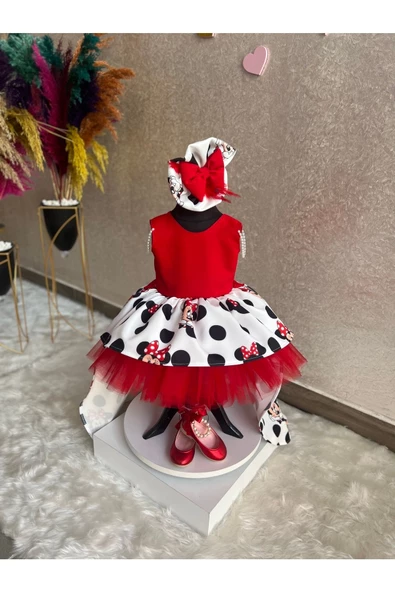 Kız Çocuk Minnie Mickey Mouse Desenli Kırmızı Kuyruklu Tasarım Elbise - 7