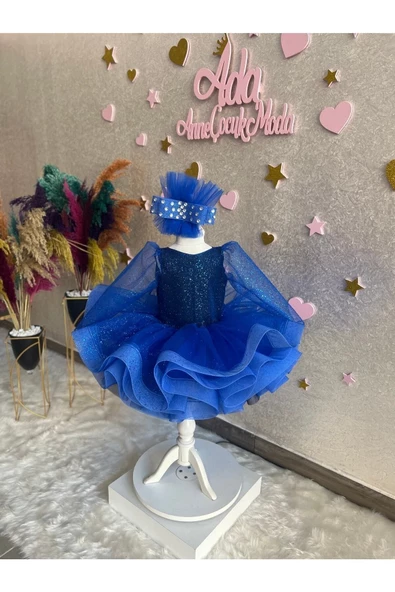 Saks Mavisi Simli Tüllü Kabarık Kız Çocuk Abiye Elbise - Resim 5