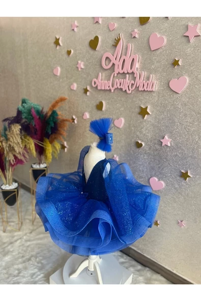 Saks Mavisi Simli Tüllü Kabarık Kız Çocuk Abiye Elbise - Resim 4