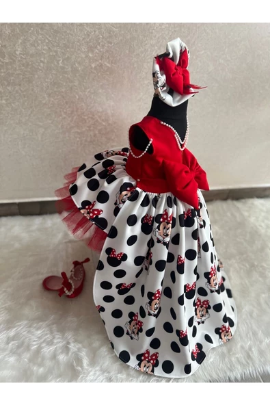 Kız Çocuk Minnie Mickey Mouse Desenli Kırmızı Kuyruklu Tasarım Elbise - 2