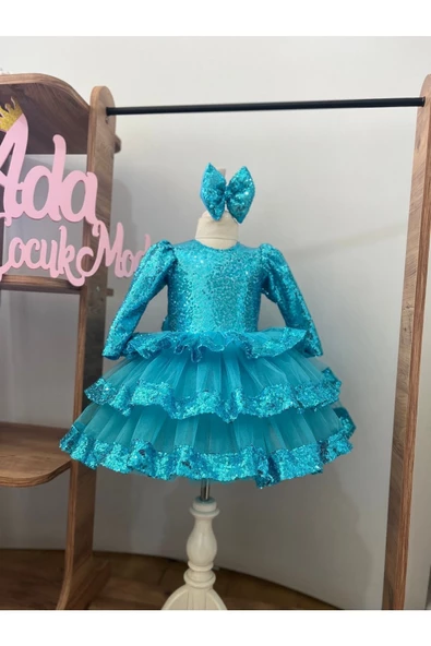 Kız Çocuk Mavi Payet Detaylı Tüllü Kabarık Abiye Elbise - 3
