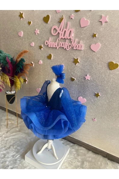 Saks Mavisi Simli Tüllü Kabarık Kız Çocuk Abiye Elbise - Resim 8