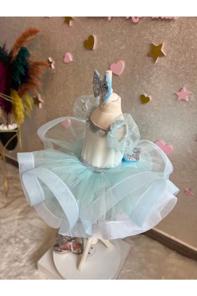 Kız Çocuk Grenli Kabarık Mavi Tüllü Gümüş Detaylı Abiye - 3