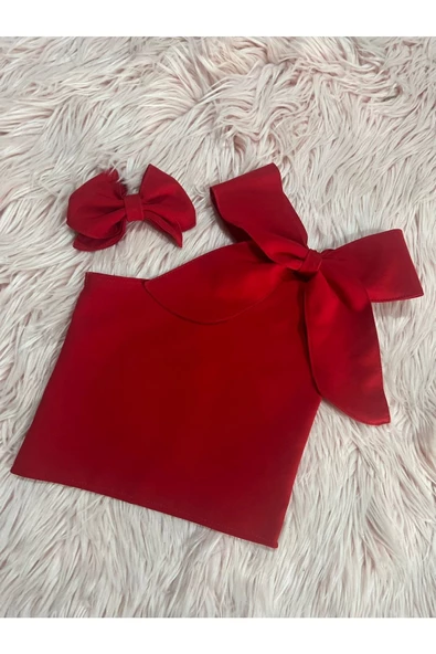 Kız Çocuk Tek Omuz Fiyonk Detaylı Kırmızı Yazlık Crop Bluz Ve Tokası - 2