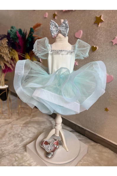 Kız Çocuk Grenli Kabarık Mavi Tüllü Gümüş Detaylı Abiye - 5