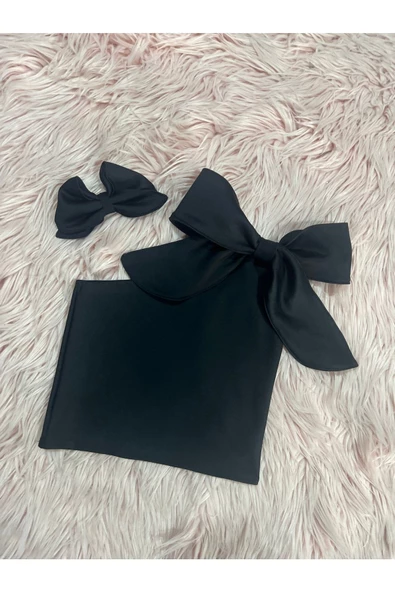 Kız Çocuk Tek Omuz Fiyonk Detaylı Sarı Yazlık Crop Bluz Ve Tokası - 11