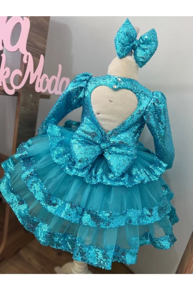 Kız Çocuk Mavi Payet Detaylı Tüllü Kabarık Abiye Elbise - 2