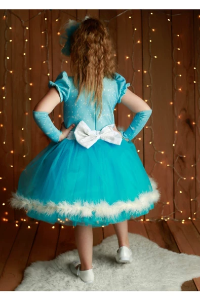 Kız Çocuk Elsa Karlar Kraliçesi Mavi Kostüm Elbise - 4