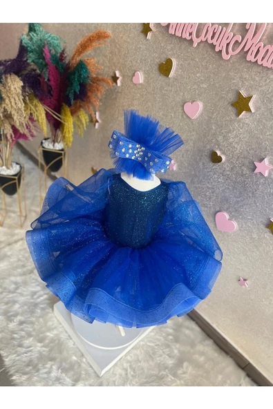 Saks Mavisi Simli Tüllü Kabarık Kız Çocuk Abiye Elbise - Resim 3