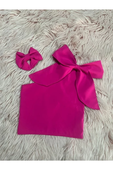 Kız Çocuk Tek Omuz Fiyonk Detaylı Sarı Yazlık Crop Bluz Ve Tokası - 5