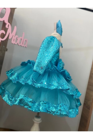 Kız Çocuk Mavi Payet Detaylı Tüllü Kabarık Abiye Elbise - 6