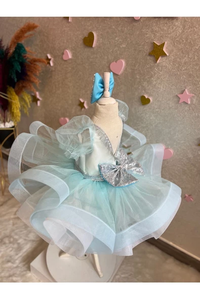 Kız Çocuk Grenli Kabarık Mavi Tüllü Gümüş Detaylı Abiye - 2