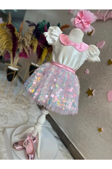 Kız Çocuk Pullu Tüllü Kabarık Deniz Kızı Elbise - 2