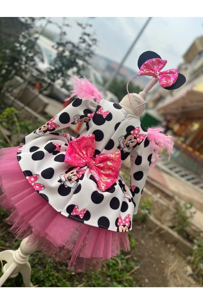 Kız Çocuk Mickey Mouse Pembe Payet Detaylı Tüllü Elbise - 6