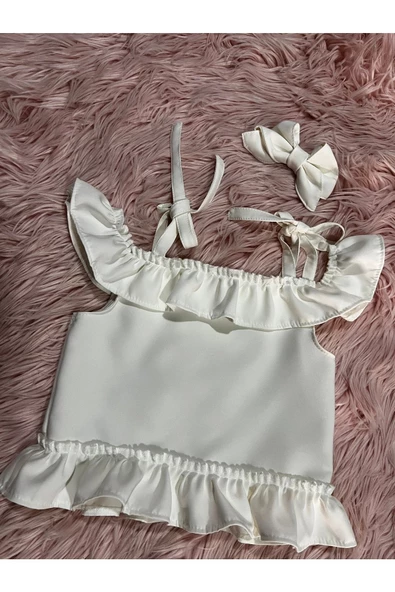 Kız Çocuk Ekru Beyaz Fırfırlı Yazlık Bluz - 4