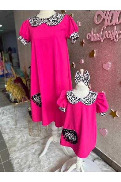 Anne Kız Canlı Pembe Elbise (sepete Ayrı Eklenmelidir) - Resim 5