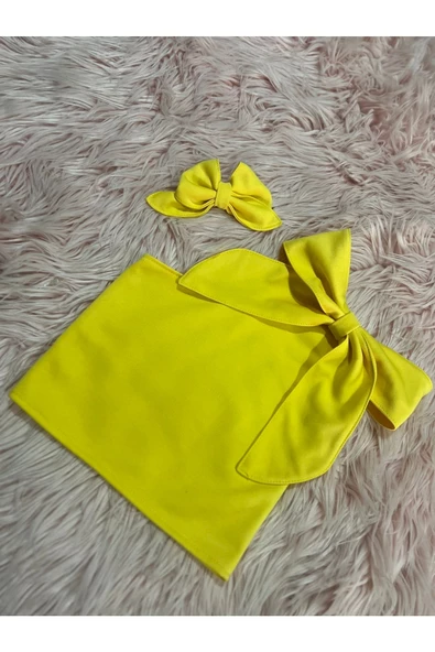 Kız Çocuk Tek Omuz Fiyonk Detaylı Sarı Yazlık Crop Bluz Ve Tokası - 2