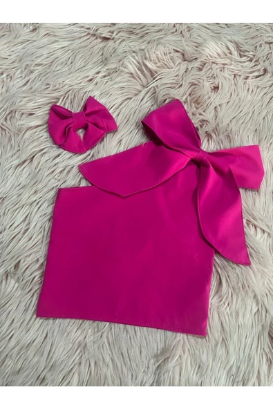 Kız Çocuk Tek Omuz Fiyonk Detaylı Sarı Yazlık Crop Bluz Ve Tokası - 6