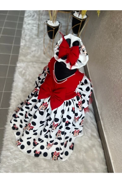 Kız Çocuk Minnie Mickey Mouse Desenli Kırmızı Kuyruklu Tasarım Elbise - 4