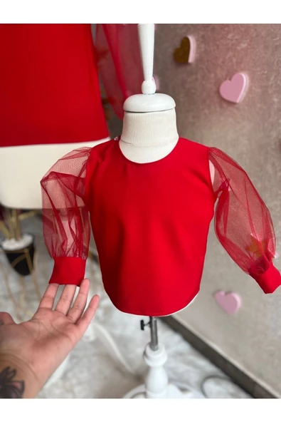 Anne Kız Kırmızı Kolları Tüllü Bluz (sepete Ayrı Eklenmelidir Görünen Fiyat Adet Fiyatıdır) - 2