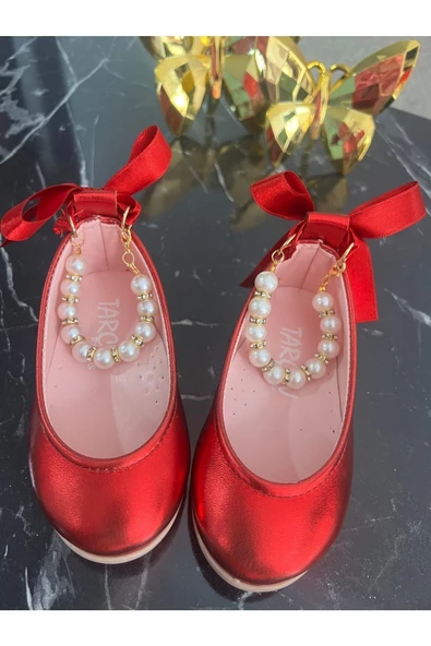 Kız Çocuk Parlak Kırmızı Inci Detaylı Babet Ayakkabı - Resim 4