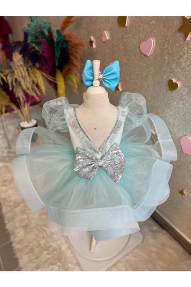 Kız Çocuk Grenli Kabarık Mavi Tüllü Gümüş Detaylı Abiye - 8