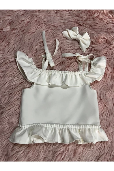 Kız Çocuk Ekru Beyaz Fırfırlı Yazlık Bluz - 2