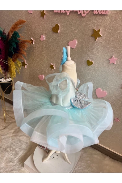 Kız Çocuk Grenli Kabarık Mavi Tüllü Gümüş Detaylı Abiye - 4