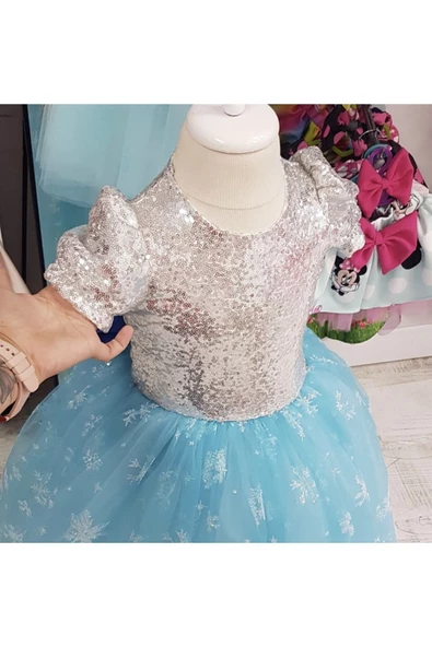 Kız Çocuk Elsa Karlar Kraliçesi Kabarık Prenses Elbise - 3