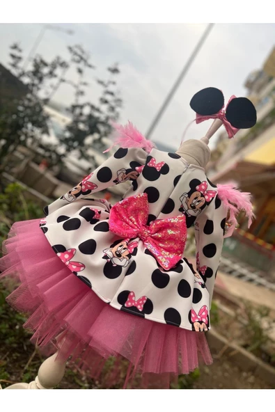 Kız Çocuk Mickey Mouse Pembe Payet Detaylı Tüllü Elbise - 5